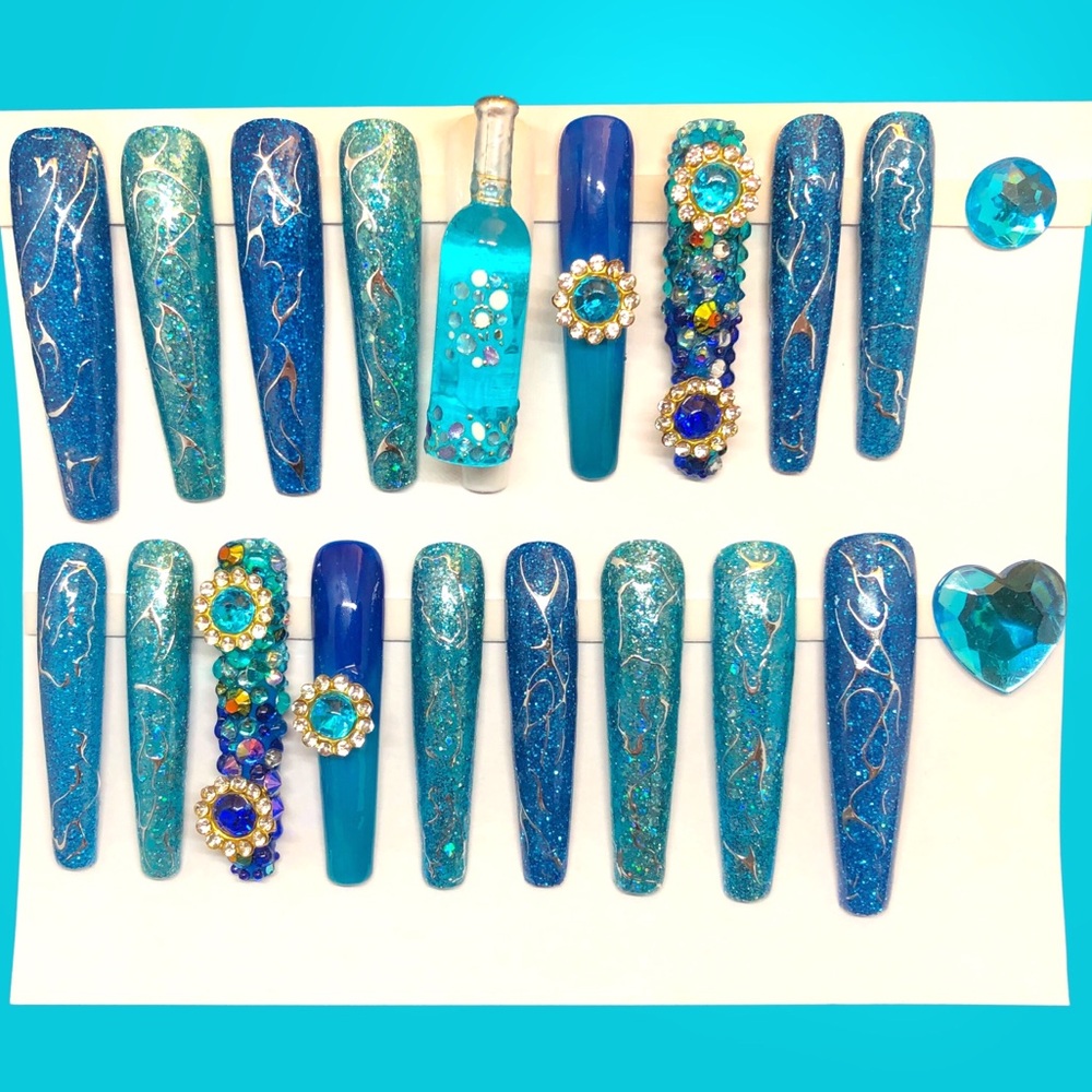 Handmade Press On Nails 2X Long Coffin Custom Hypnotic Blue Nails Full S… - Picture 2 of 10